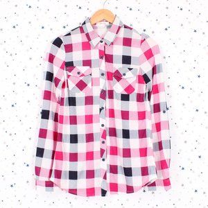 Fuchsia Navy White Knit Plaid Button Up Shirt